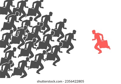 Opposite direction. Businessman running, unique man thinking different, way against crowd, individual solution to problem and vision of situation.
