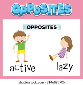 Opposite English words with active and lazy illustration