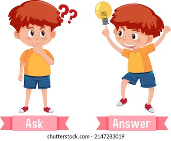 Opposite English Words ask and answer illustration