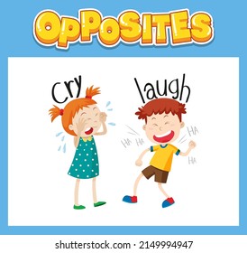 Opposite English words with cry and laugh illustration