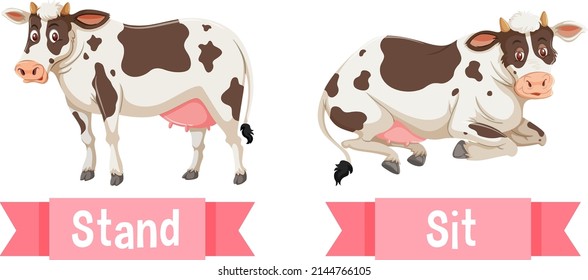 Opposite English Words stand and sit illustration