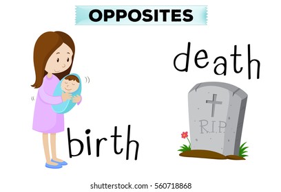 Opposite flashcard for birth and death illustration