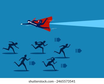 Opposite of flow. Businessman hero flies in the opposite direction of people