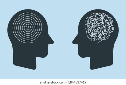 The opposite mindset chaos and order in thoughts. Two heads of a person with the opposite mindset. Vector illustration.