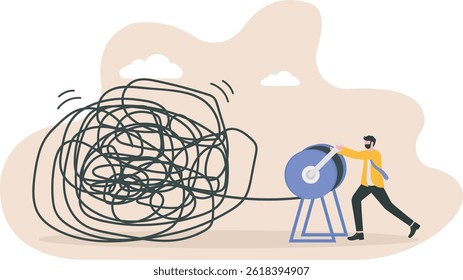 O caos da mentalidade oposta e ordem nos pensamentos, solução de problema de empresário como o conceito de pessoa de tarefa completo difícil e confuso.

