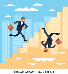 Opposite paths to goal. Different approach, two businessman running to success, alternative ideas. Various strategies for finding solution, men on ladder. Vector cartoon flat concept