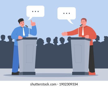 Opposite Peoples stand with podium and speech on stage to speaking about thinking in public places. Illustration about speaker and debate.