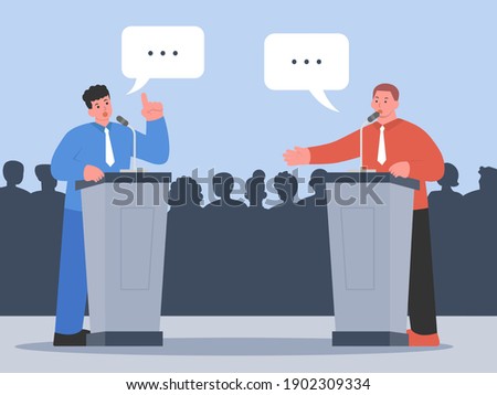 Opposite Peoples stand with podium and speech on stage to speaking about thinking in public places. Illustration about speaker and debate.