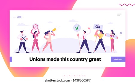 Opposite Teams of Business People or Politics with Banners and Signs Stand Face to Face on Strike or Demonstration, Protest, Website Landing Page, Web Page. Cartoon Flat Vector Illustration, Banner
