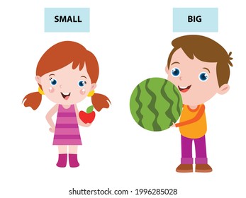 Opposite vector concept. Boy and girl learn opposite adjective word by comparing size of apple and watermelon