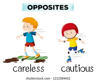 Opposite word of careless and cautious illustration