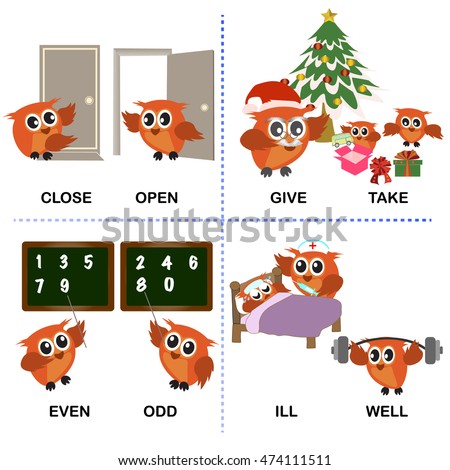 opposite word text and background for preschool (close open give take even odd ill well). vector illustration.