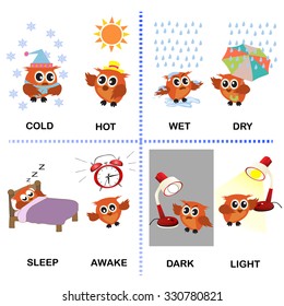 opposite word vector background for preschool (cold hot wet dry sleep awake dark light)