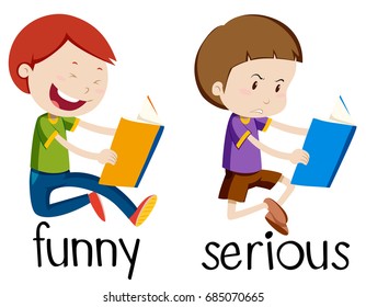 Opposite wordcard for funny and serious illustration