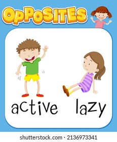 Opposite words for active and lazy illustration