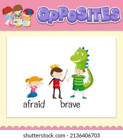 Opposite words for afraid and brave illustration