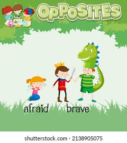 Opposite words for afraid and brave  illustration