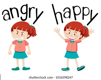 Opposite words for angry and happy  illustration