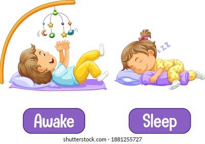 Opposite words with awake and sleep illustration