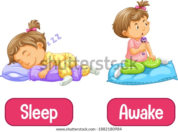 起きている人と寝ている人のイラストを持つ反対の言葉 のベクター画像素材 ロイヤリティフリー