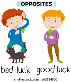 Opposite words for bad luck and good luck illustration