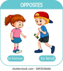 Opposite words with borrow and lend illustration