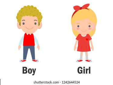 Opposite words boy and girl vector illustration, Opposite English Words boy and girl on white background.