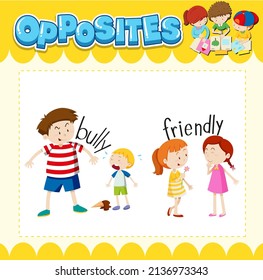 Opposite words for bully and friendly illustration