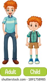 Opposite words with child and adult illustration
