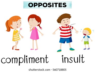 Opposite words for compliment and insult illustration