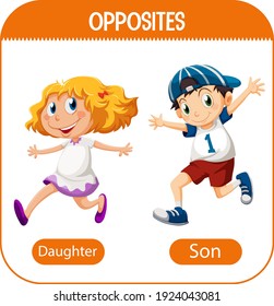 Opposite words with daughter and son illustration