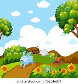 Opposite words for fast and slow with rabbit and turtle running illustration