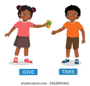 Opposite words give and take illustration of African little girl giving present to boy friend