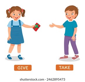 Opposite words give and take illustration of little girl giving present to boy friend