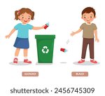 Opposite words good and bad kid throwing rubbish into trash bin and littering explanation flashcard with text label