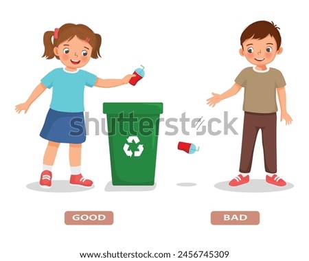 Opposite words good and bad kid throwing rubbish into trash bin and littering explanation flashcard with text label