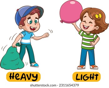 Opposite words for heavy and light cartoon vector