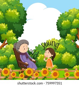 Opposite words for old and young with grandmother and child illustration