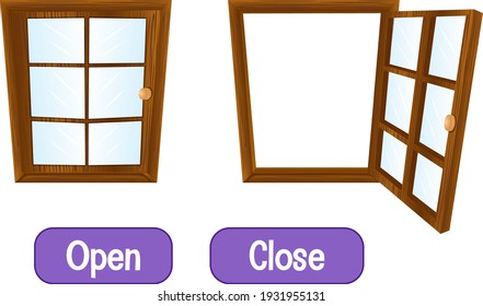 Opposite words with open and close illustration