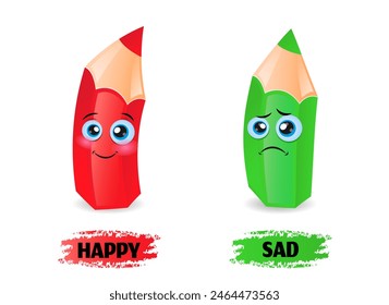 Opposite words Sad and Happy vector illustration. Sad and Happy Antonyms flashcard vector template. Word card for English language learning with red and green pencil characters.