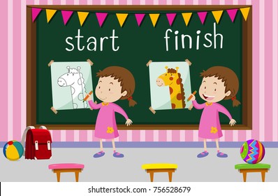 Opposite words for start and finish with girl drawing giraffe illustration