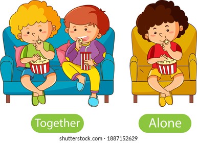 Opposite words with together and alone illustration