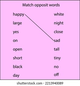 Opposite words worksheet for kindergarten, vector illustration, creative concept of learning 