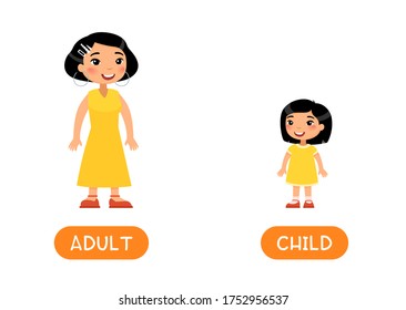 Opposites, age concept, ADULT and CHILD. Foreign language educational flash card vector template. Word card for english learning. Asian grown up woman and little asain girl flat illustration 