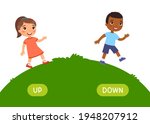 Opposites concept, UP and DOWN. Word card for English language learning. Little  European girl goes up the hill, African boy goes down. Flashcard with antonyms for children