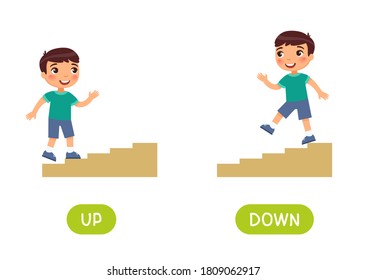 Opposites concept, UP and DOWN. Word card for language learning. Little boy goes up the stairs, goes down.  Flashcard with antonyms for children vector template. Flat illustration with typography.