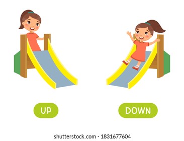 Opposites concept, UP and DOWN. Word card for language learning. Little girl climbs up a children's slide, rides down.  Flashcard with antonyms for children vector template. Flat illustration
