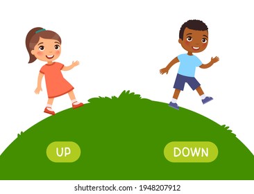 Opposites concept, UP and DOWN. Word card for English language learning. Little  European girl goes up the hill, African boy goes down. Flashcard with antonyms for children