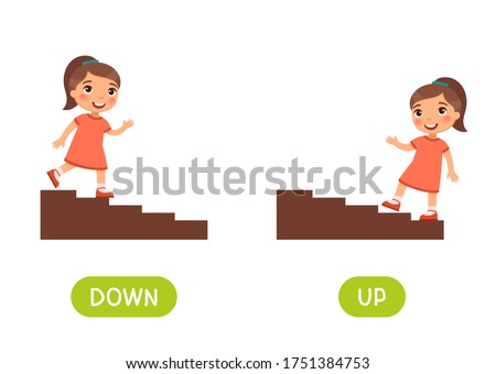 Opposites concept, UP and DOWN. Word card for language learning. Little girl goes up the stairs, goes down.  Flashcard with antonyms for children vector template. Flat illustration with typography.