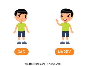 Opposites Concept, HAPPY And SAD. Childish Word Card With Opposites Vector Template. Flash Card For Foreign Language With Little Child. Smiling And Unhappy Asian Boy Flat Illustration With Typography